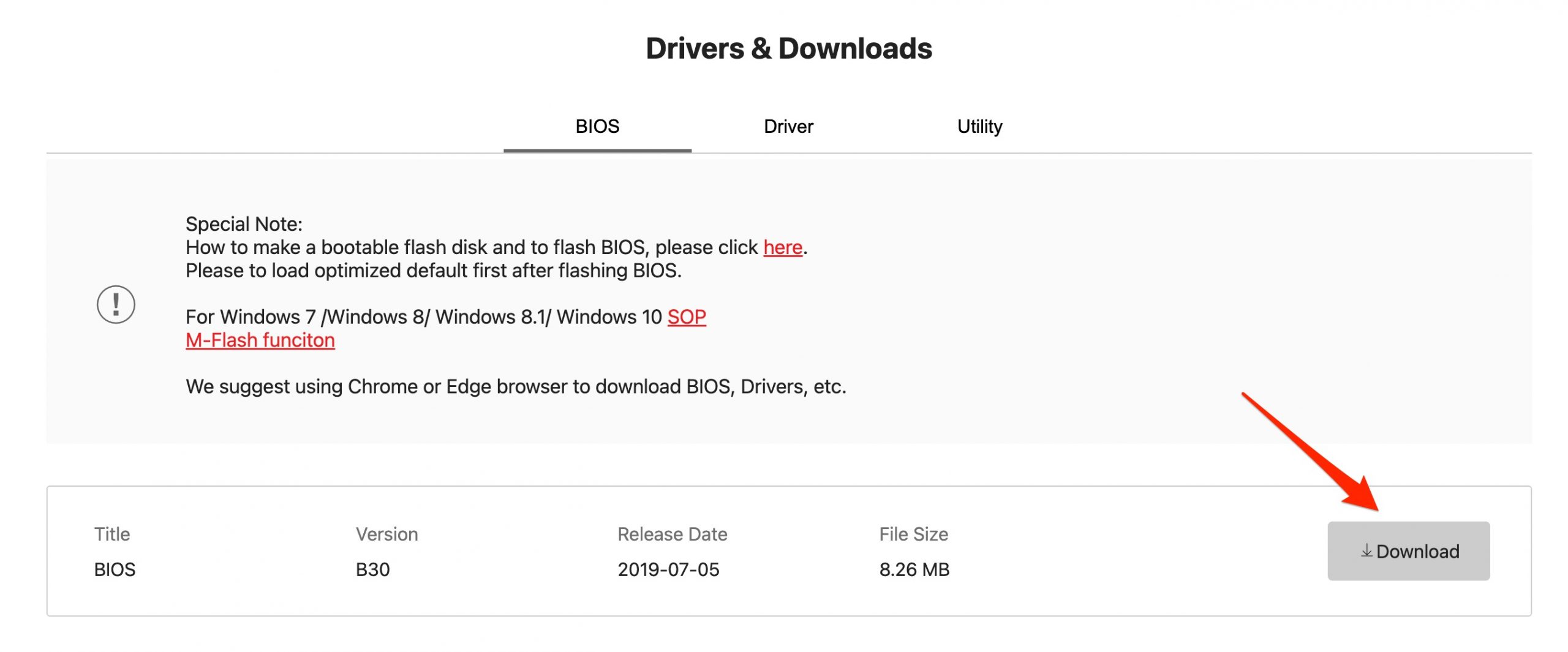 msi bios download button