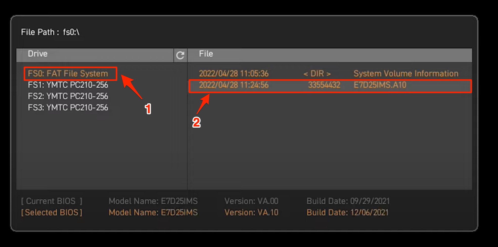 select USB flash drive and BIOS update file